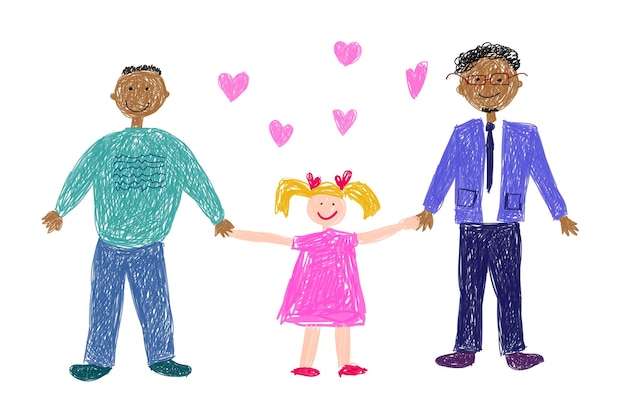 Lgbt family Children's drawing Two happy black men with white adopted girl Vector illustration