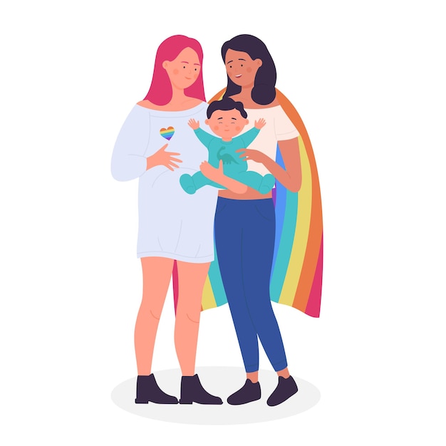 Vector lgbt family holding an adopted little child