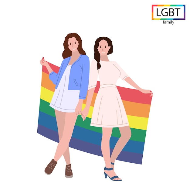 Vector lgbt family two girls holding a rainbow flag at the parade - vector illustration