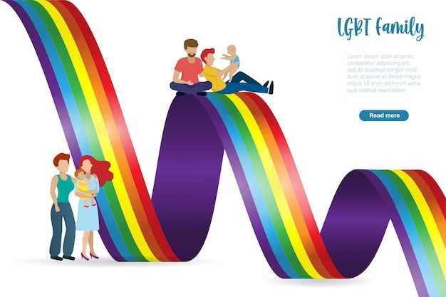 Famiglia lgbt con bambino adottivo e identità bandiera arcobaleno in banner modello a forma di nastro sfumato