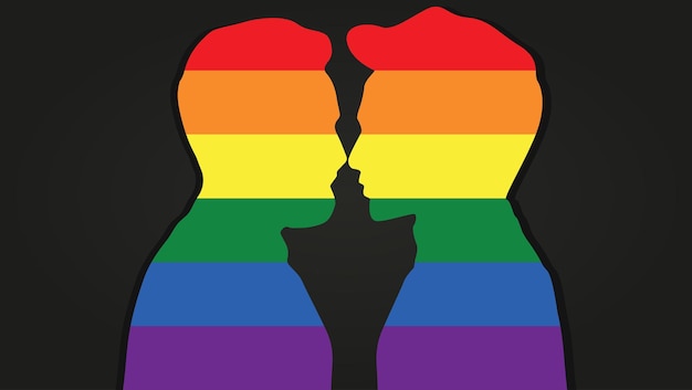 LGBT フラグ カラー コミュニティ。ベクトルで二人の男ゲイ シルエット