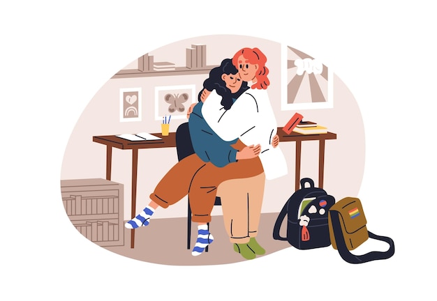 LGBT girls couple Schoolgirls valentines in romantic relationships Teenagers girlfriends in love at school classroom Young teens hugging Flat vector illustration isolated on white background