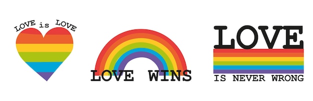 Arcobaleno di bandiera del cuore lgbt con scritta love is love love wins