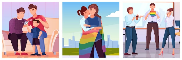 Lgbt illustrations set with group of young people with lgbt symbols