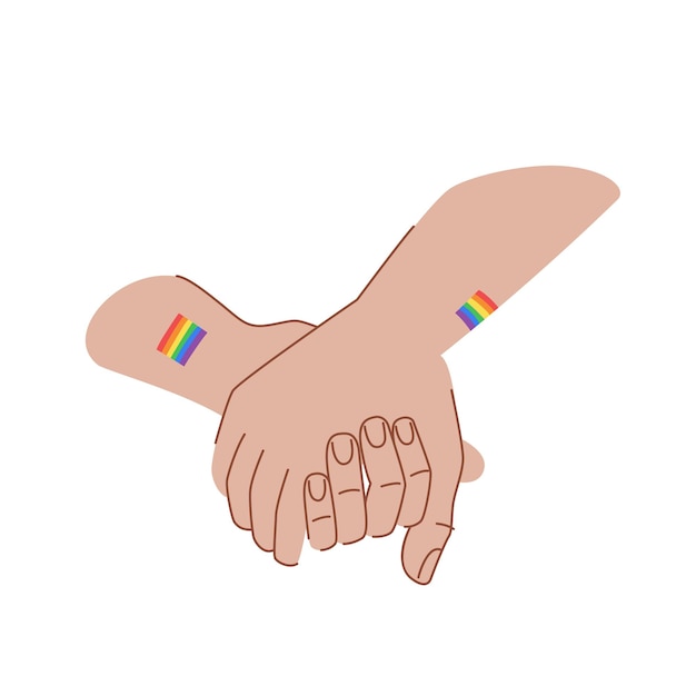 LGBT-koppels houden elkaars hand vast. LGBT liefde concept. Handen met tatoeages van lgbt-vlaggen. Vector illustratie. Handen vasthouden.