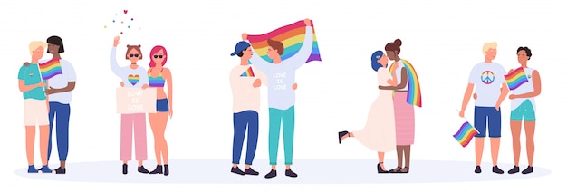 Vector lgbt paar mensen illustratie. cartoon platte gelukkig interraciale lgbtq-gemeenschap, jonge homoseksuele minnaar karakters staan samen en knuffelen, houden regenboog liefde vlag set geïsoleerd op wit