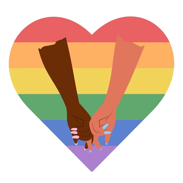 Lgbt paar of familie van verschillende huid hand in hand huwelijk in lgbti gemeenschap menselijke armen met lgbtg emblemen regenboogvlag platte vectorillustratie voor poster kaart banner sticker