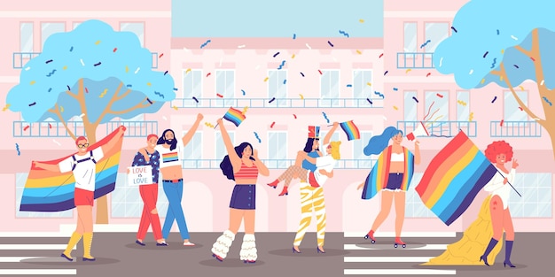 Вектор Вектор композиции лгбт-парада мужчины и женщины ходят по улицам города на гей-параде с иллюстрацией атрибутов радуги