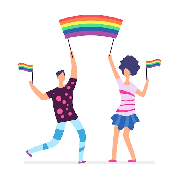 LGBT parade. Mensen die regenboogvlaggen houden.