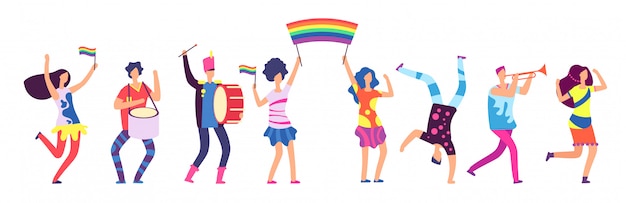 Lgbt parade. mensen houden regenboogvlag. homo liefde trots, seksuele discriminatie protest concept