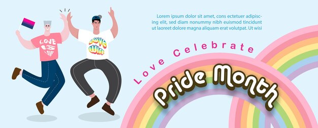 Persone lgbt nel personaggio dei cartoni animati che celebrano il mese dell'orgoglio e la scena arcobaleno su sfondo blu