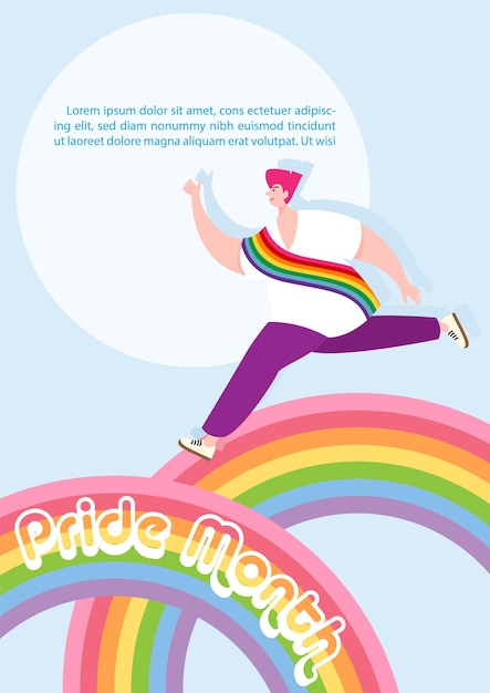 ЛГБТ-люди в мультипликационных персонажах бегут по радуге с надписью "Месяц гордости" на синем фоне
