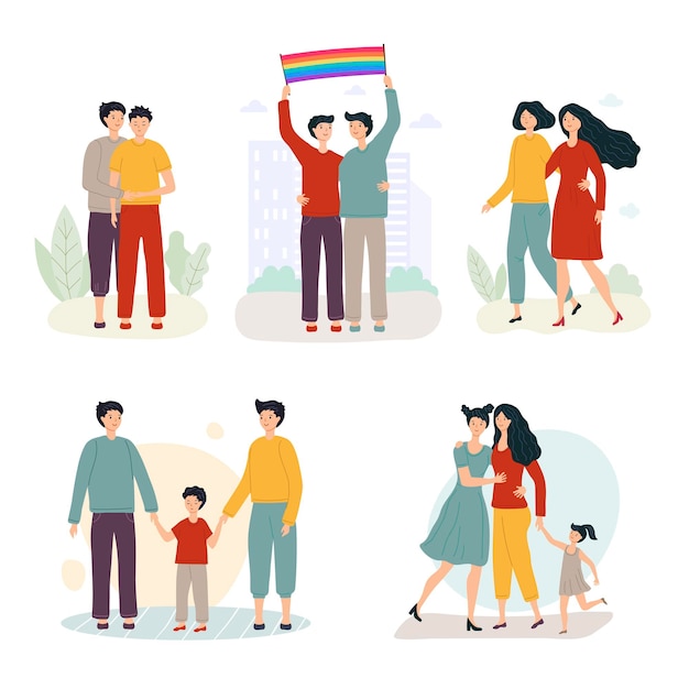 Persona lgbt personaggi gay e lesbiche persone adorabili fidanzate e fidanzati coppie che abbracciano genitori multirazziali comunità omosessuale recente set vettoriale di amore lgbtq e bandiera illustrazione