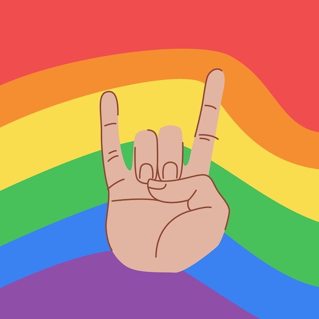 LGBT poster design LGBT concept Hand gesture of rock Rock sign on background of LGBT flag