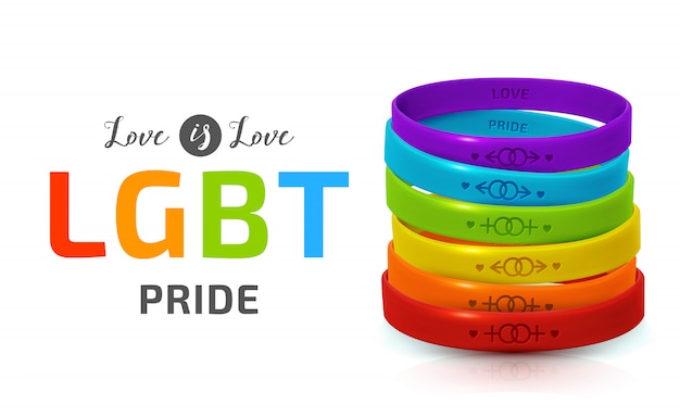 ベクトル lgbtプライドコンセプト。同性愛者のための虹のゴム製ブレスレット。性別の記号が付いたシリコンリストバンド