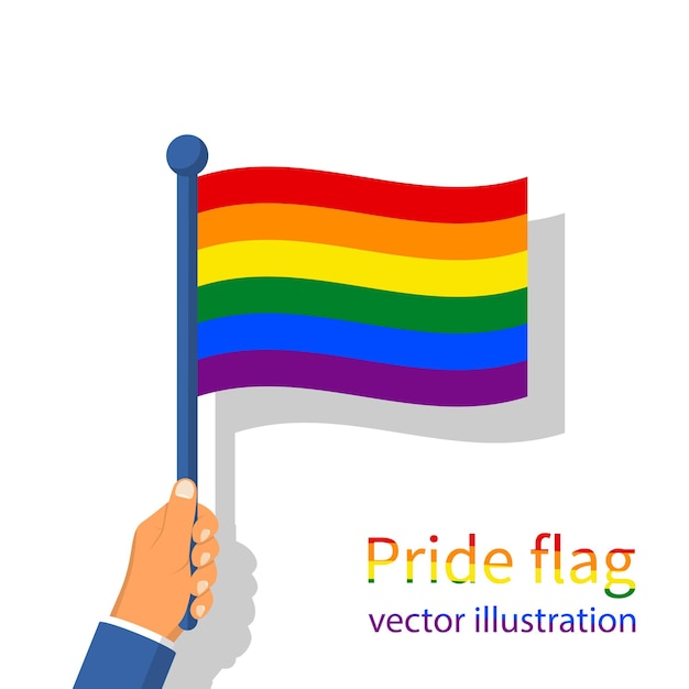 LGBTプライドフラグ色とりどりの平和の旗の動きレインボーフラッグを手に持ってゲイ風に吹くベクトルイラストフラットデザイン白い背景に分離xA
