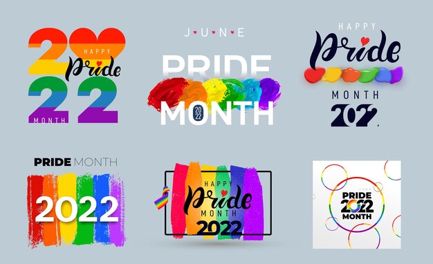 Vector lgbt pride month 2022 set of celebrated annual lgbt flag brush stroke pride day line abstract logo human rights and tolerance collection of 2022 vector illustration isolated on white background