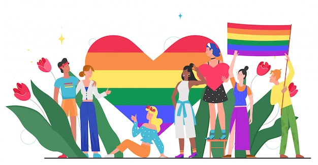 Lgbt pride month concept illustration. cartoon young group of lover people standing together, waving, holding rainbow heart and lgbt flag in hands, homosexual rainbow love isolated on white