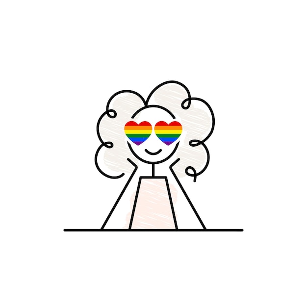 LGBT Pride Month de regenboogvlag hartvorm ogen schattig krullend klein meisje met kleurrijke harten verliefd eenvoudige doodle vector illustratie zwarte lijn