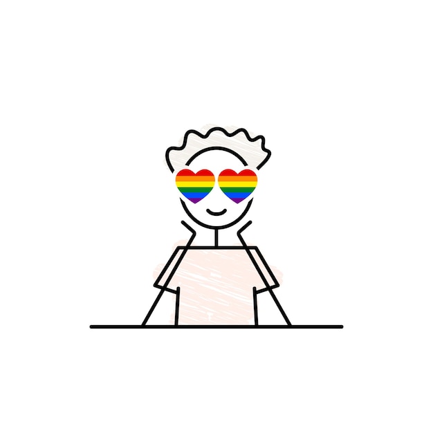 LGBT Pride Month de regenboogvlag hartvorm ogen schattige homo man met kleurrijke harten verliefd eenvoudige doodle vector illustratie zwarte lijn