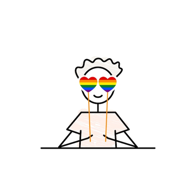 LGBT Pride Month the rainbow flag heart shape glasses cute teen boy holding colorful hearts in love simple doodle vector illustration