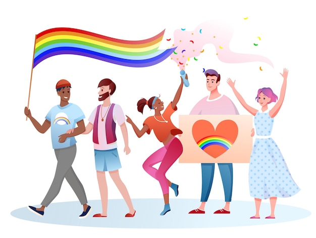 LGBT 프라이드 퍼레이드. 동성애자들이 LGBT 무지개 깃발을 들고 퍼레이드 인권에 참여