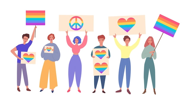 Orgoglio lgbt con persone in possesso di segni arcobaleno piatto isolato