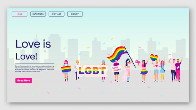 Шаблон целевой страницы протеста ЛГБТ. Любовь - это идея интерфейса веб-сайта с плоскими иллюстрациями. Макет домашней страницы парада. Гей-сообщество демонстрация веб-баннер, концепция мультфильма веб-страницы
