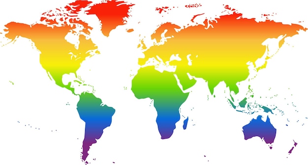 Bandiera dell'orgoglio arcobaleno lgbt a forma di mappa del mondo. elemento di design elegante per lesbiche, gay, bisessuali e transgender. semplice illustrazione vettoriale piatta. illustrazione vettoriale