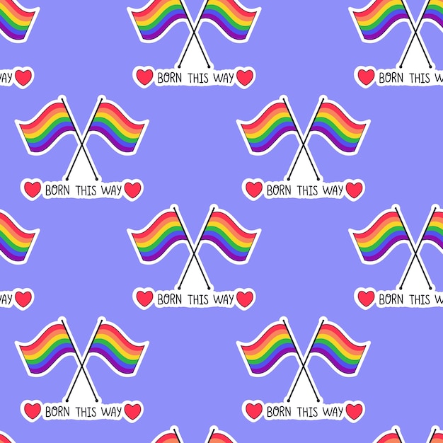 LGBT seamless pattern with rainbow flag on violet background in flat style with text Born this way