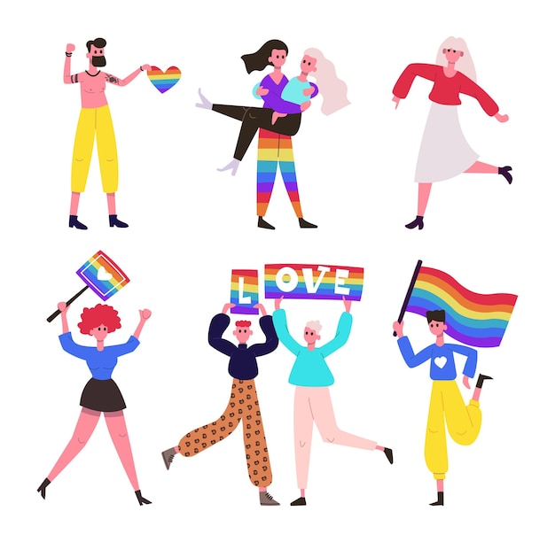 Lgbt-trotsparade Vrouwelijke en mannelijke personages met regenboogvlag en posters Homo- en lesbische gemeenschapsactivisten