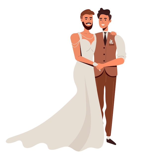 LGBT wedding. Two loving gay men. A bearded handsome man in a white bride's dress. love is love