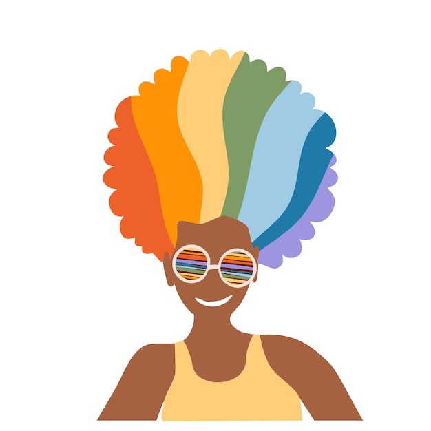 Vector lgbtq community symbols retro pride month vibes girl with rainbow hair