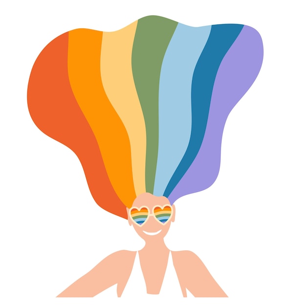 Vettore simboli della comunità lgbtq il mese dell'orgoglio retrò vibra una ragazza con i capelli arcobaleno