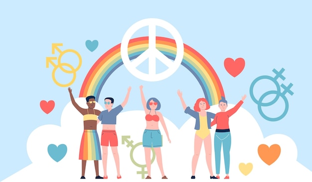 Vector lgbtq concept homoseksuele rechten en relaties queer mensen mensenrechten moderne gelijke gemeenschap vrede icoon regenboog en recente vector personages