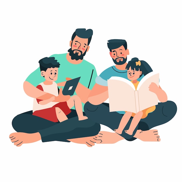 Lgbtq family reading together parenting concept two fathers children bonding sitting on floor one