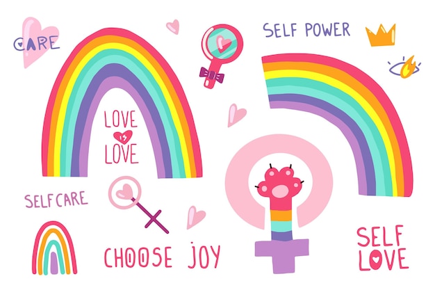 LGBTQ and Feminism related symbols set in rainbow colors Heart Peace Rainbow Love Venus Mirror isolated on white background Flat cartoon vector illustration hand drawn style