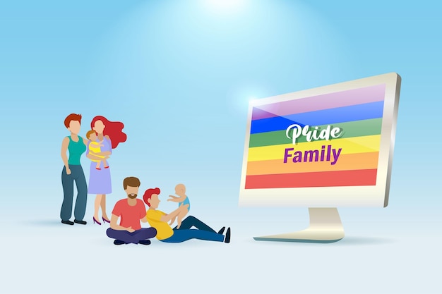 Coppia di famiglie gay e lesbiche lgbtq che tiene il bambino adottato con la bandiera dei colori dell'arcobaleno lgbt sul computer