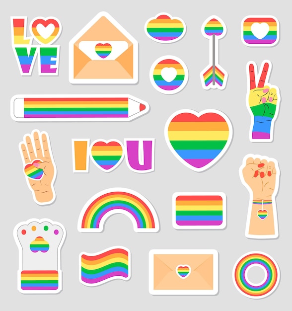 Lgbtq-gemeenschap set vectoren iconen van trots vlaggen regenboog kleurpotlood hart hand worden getoond