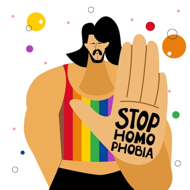 Vettore l'uomo lgbtq tiene una mano con la scritta stop homophobia celebra la parata lgbt del mese del giorno dell'orgoglio