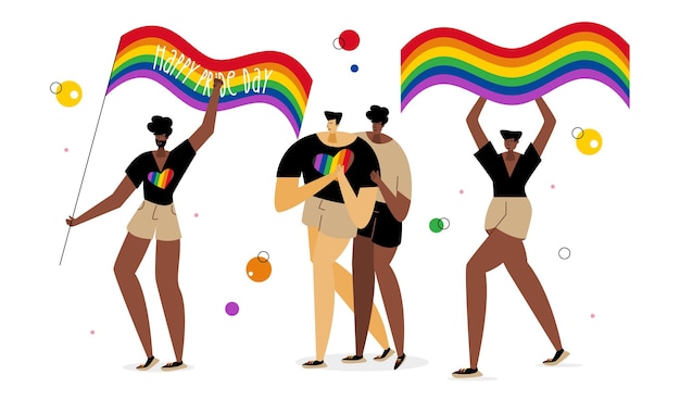 虹色の旗を持ったLGBTQ男性が祝賀 国際プライドデー LGBTパレード 同性愛嫌悪を阻止
