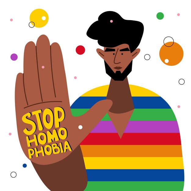 Vettore il maschio lgbtq tiene una mano con la scritta stop homophobia celebra il mese dell'orgoglio lgbt