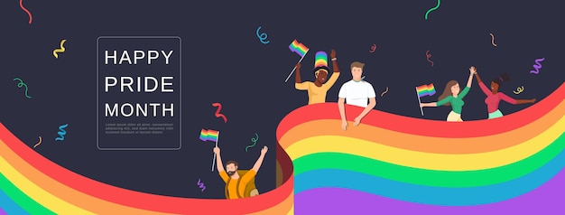 Persone lgbtq che celebrano il felice mese dell'orgoglio con bandiere arcobaleno colorate su sfondo banner