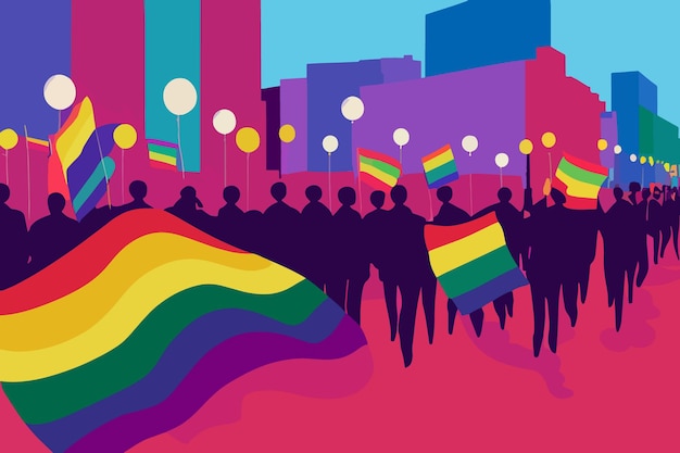 Lgbtq persone tolleranza sfilata bandiere palloncini supporto comunità lgbtq