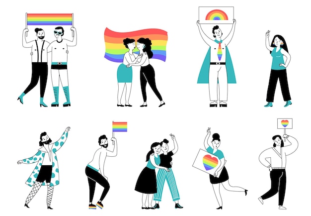Vector lgbtq person pride young people lgbt community homosexual parade cartoon gay lesbian couple in love hold rainbow banner decent vector set