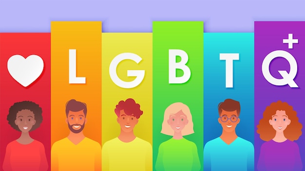 Vector lgbtq plus banner with portraits of young diverse people on striped rainbow background