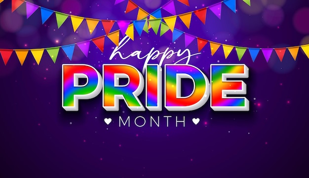 Vector lgbtq pride month illustration with rainbow color 3d text label and party flag on purple background