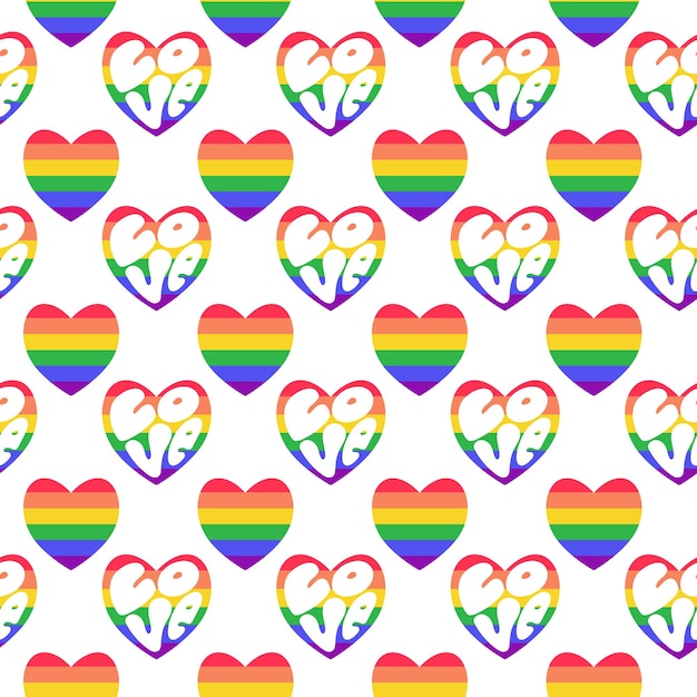 LGBTQ seamless pattern with rainbow hearts and lettering love on white background in flat style