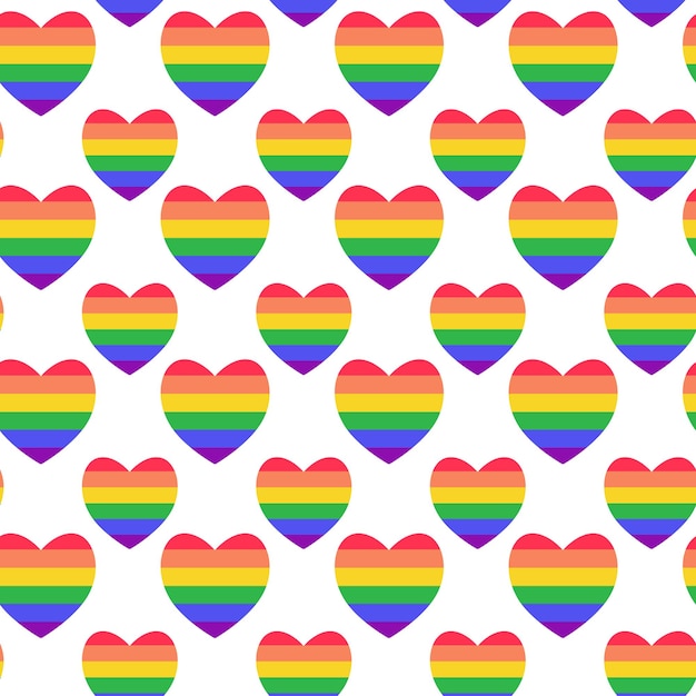 Vector lgbtq seamless pattern with rainbow hearts on white background in flat style