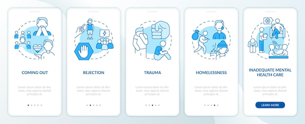 LGBTQI mental health risk factors blue onboarding mobile app screen